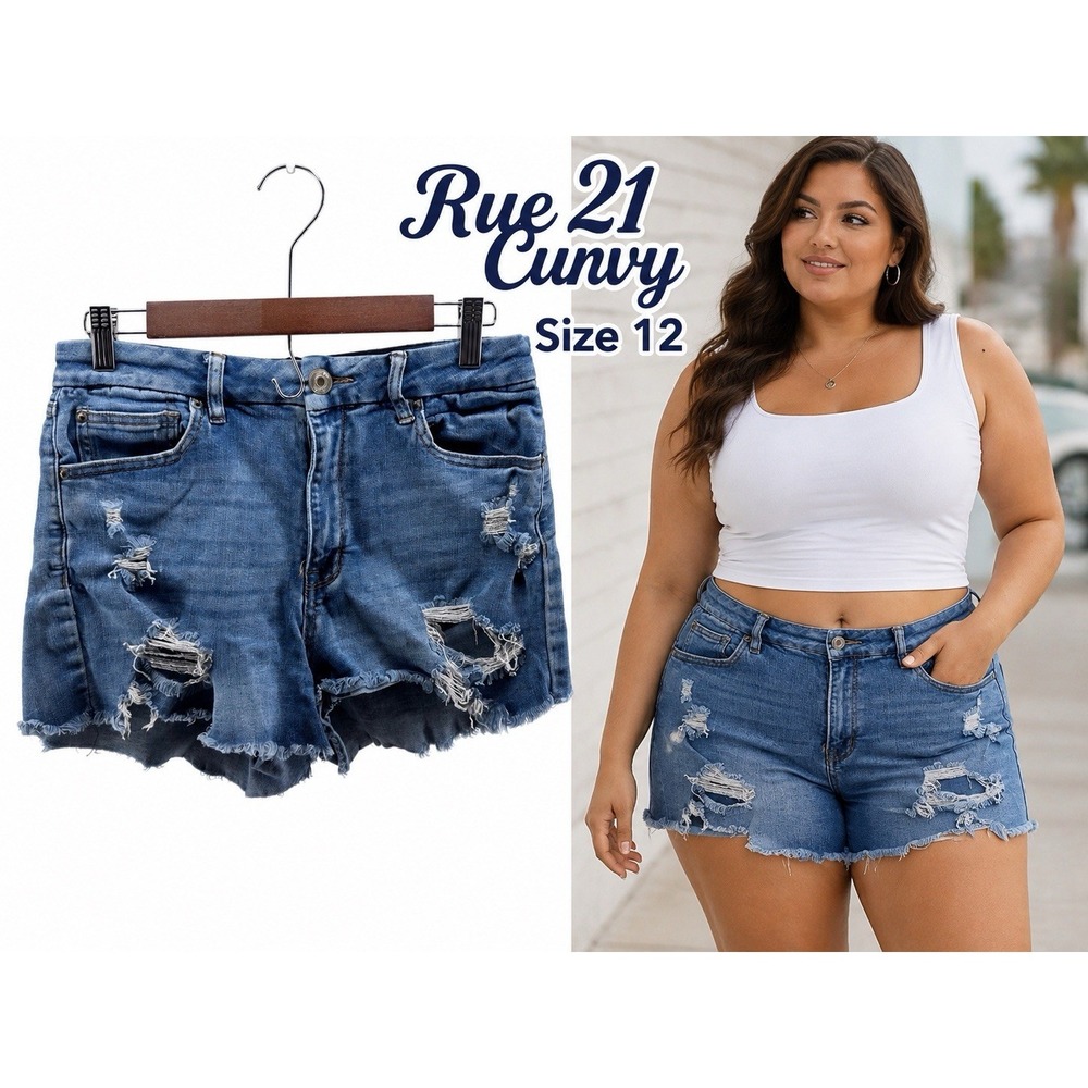 Rue 21 Curvy Distressed Denim Cutoff Shorts Raw Hem Stretch Women's Size 12